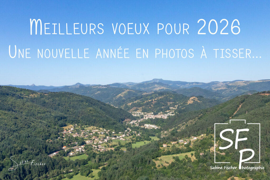 Photo vue d'hélicoptère sur Saint Martin de Valamas & les montagnes Ardéchoises et vœux pour la bonne année.